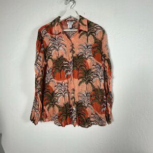 Nicole Miller New York Women Linen Button-Up Shirt Palm Print Medium Long Sleeve
